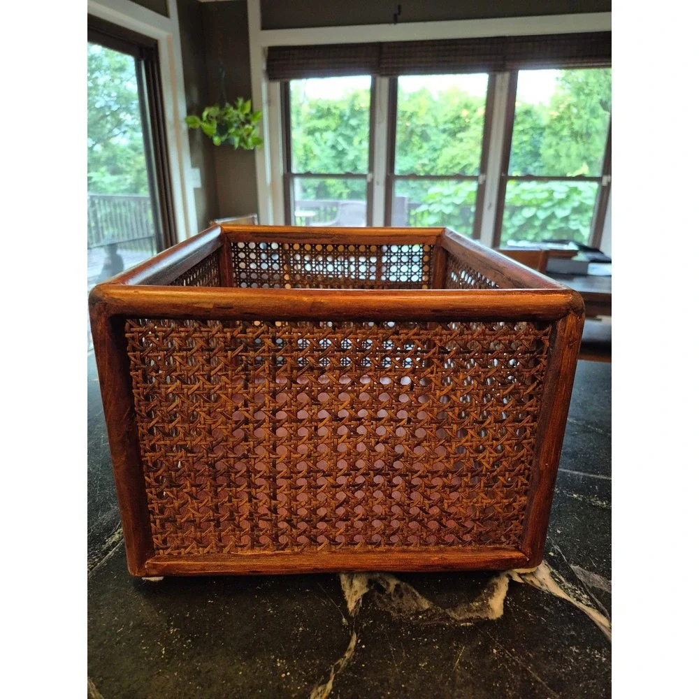 Vintage MCM Woven Cane Rattan Wood Storage Basket Magazine Holder Boho Decor